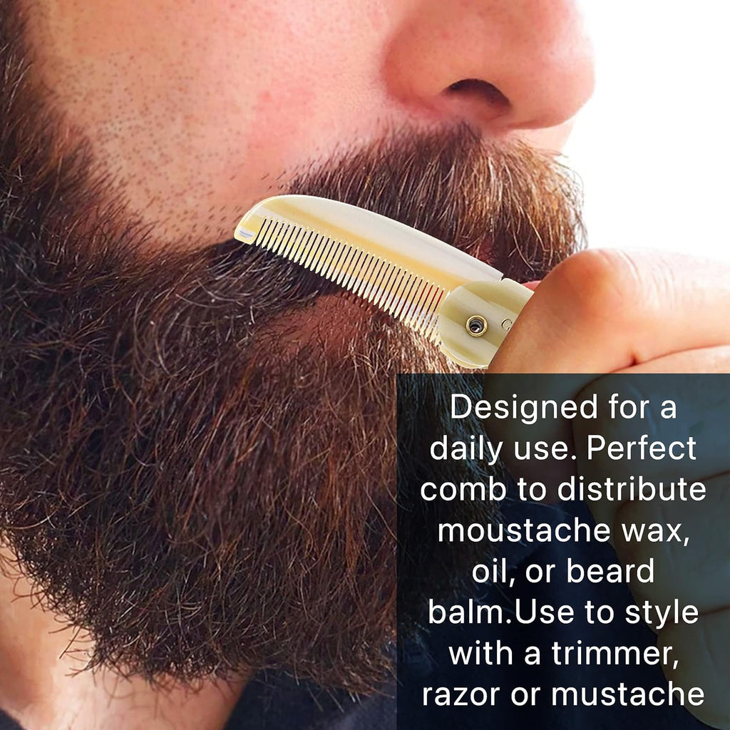 G87IVY Folding Mustache Comb and Beard Comb, Small Pocket Comb for Men Everyday Grooming and Hair Care. Handmade, Saw-Cut and Hand Polished Styling Men'S Folding Comb